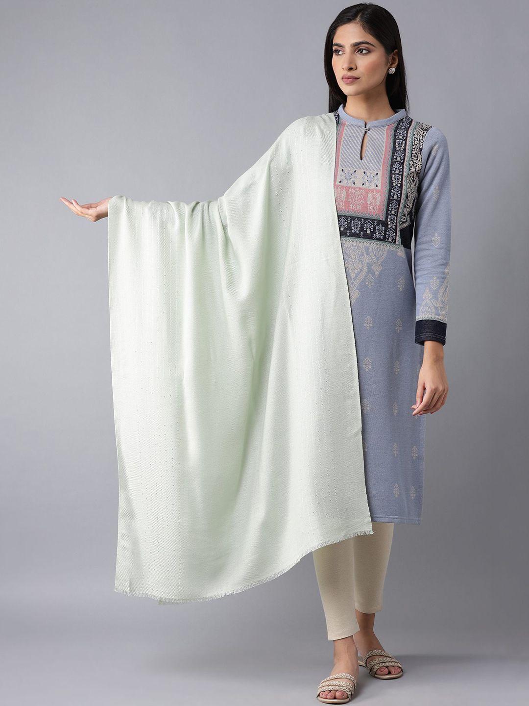 w women sea green solid embellished shawl