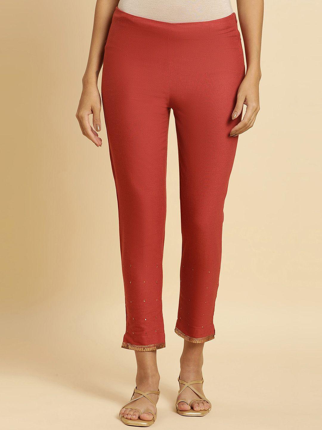 w women slim fit mid-rise cotton regular trousers
