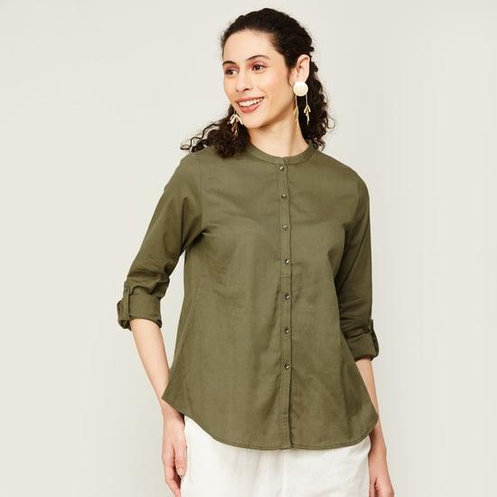 w women solid band collared casual shirt