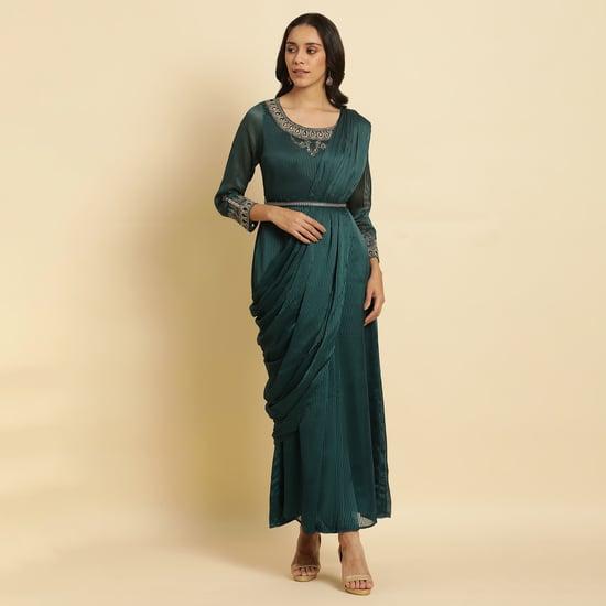 w women striped pre-stitched saree dress