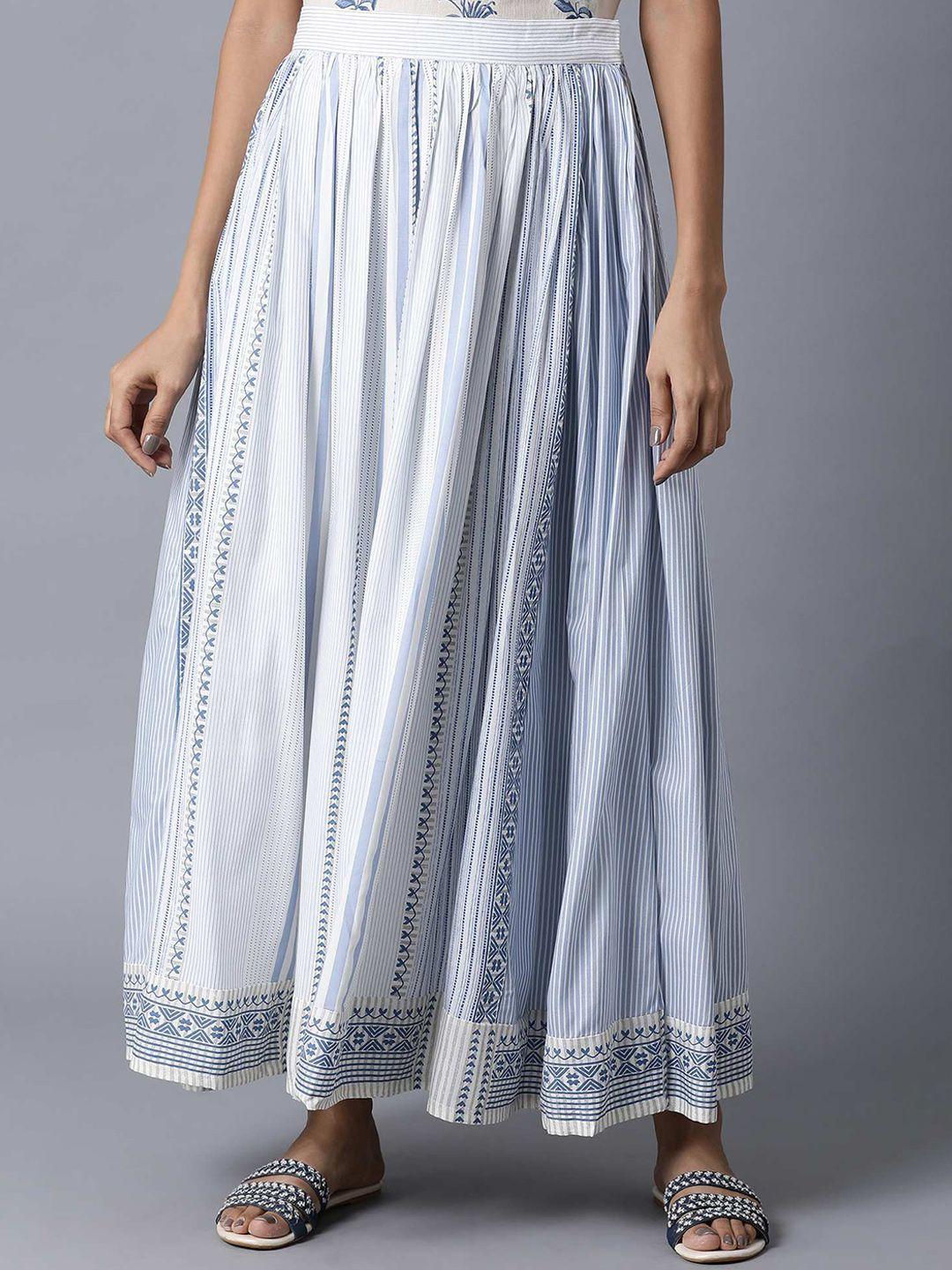 w women white & blue geometric printed flared maxi skirt