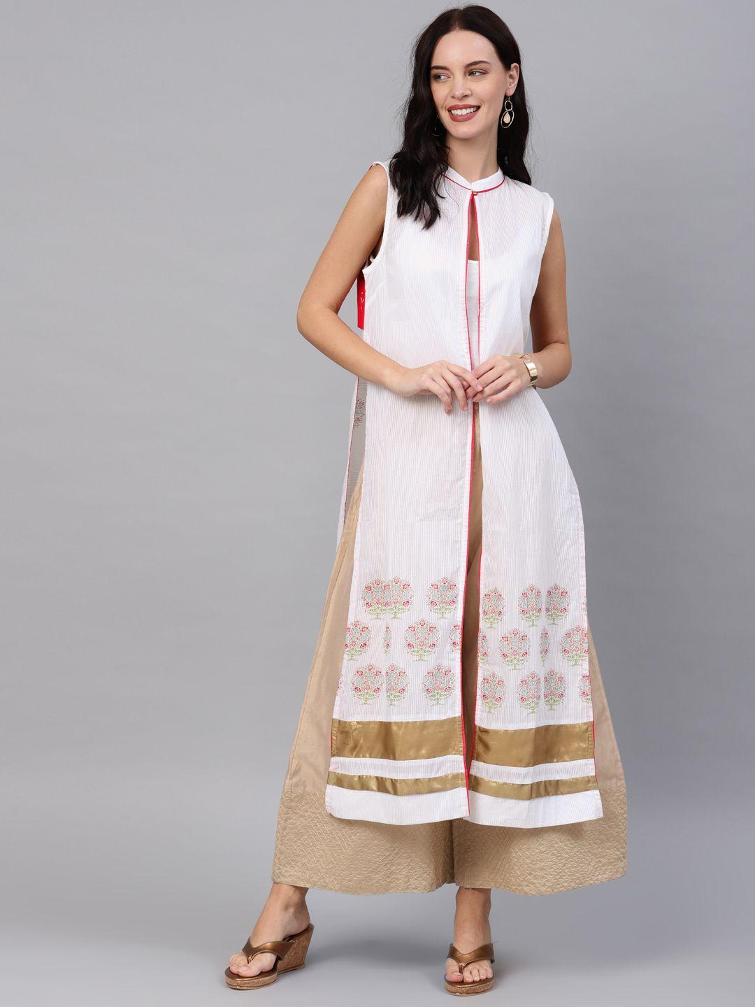 w women white & pink printed sleeveless longline ethnic jacket