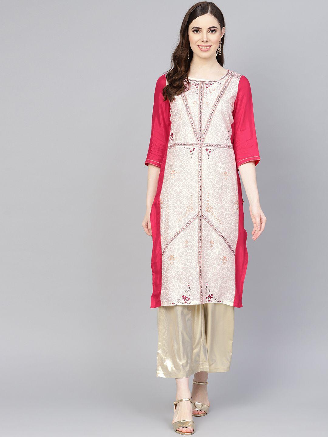w women white & pink printed straight kurta