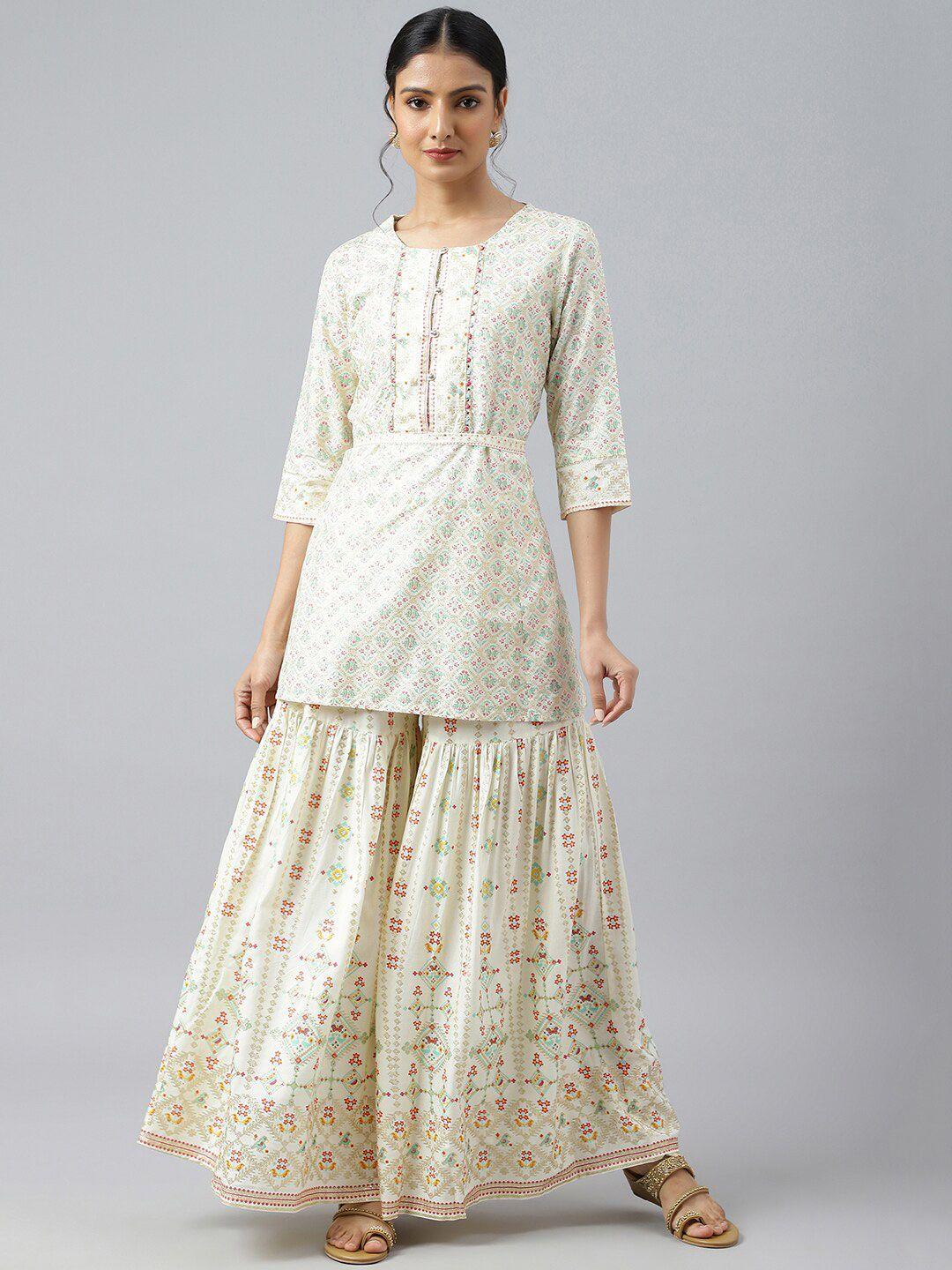 w women white ethnic motifs printed layered kurti with sharara