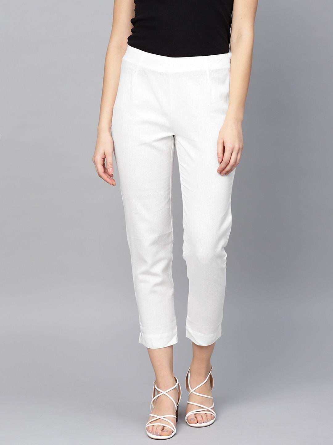 w women white regular fit solid regular cropped trousers