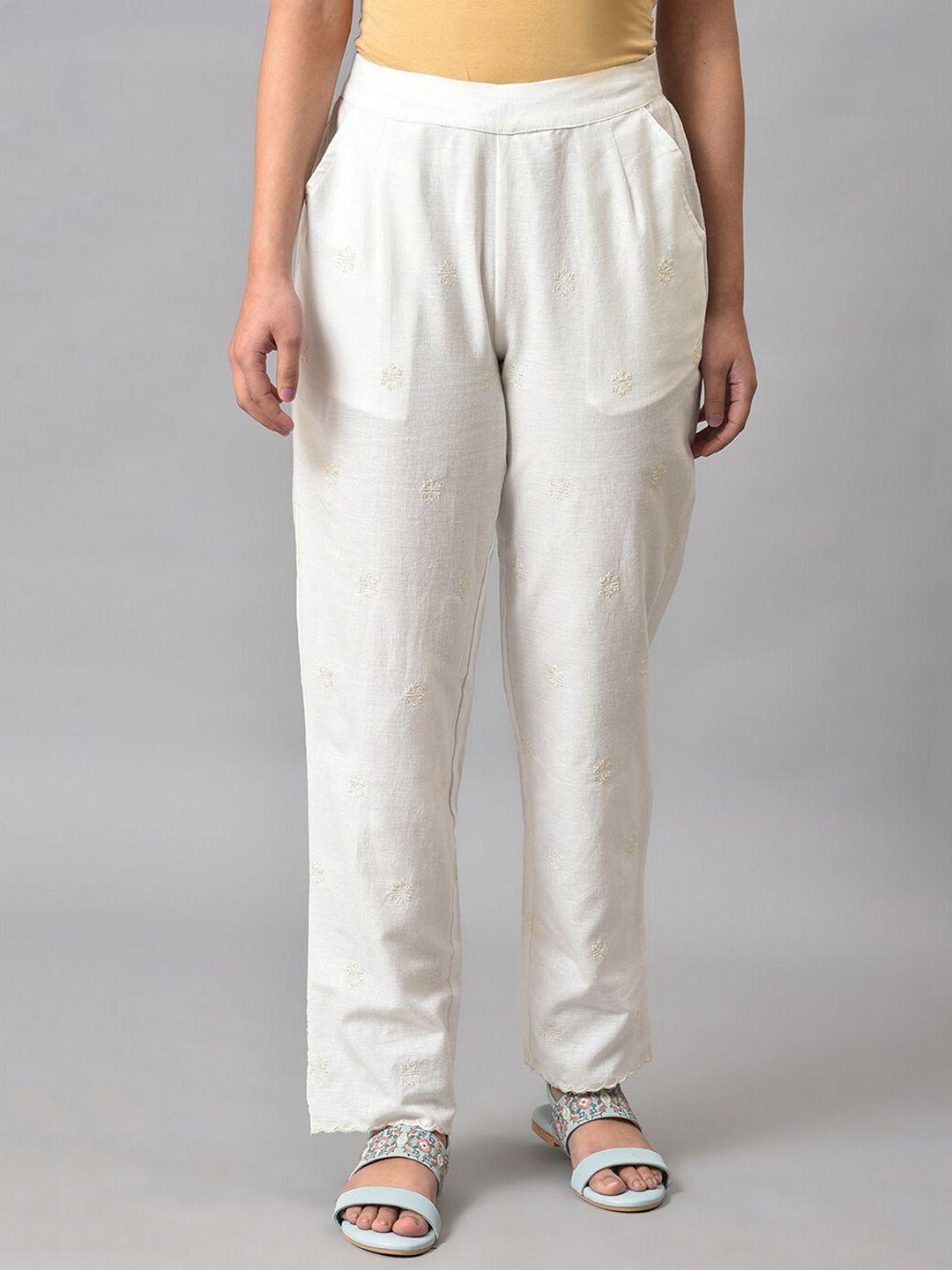 w women white slim fit ethnic motifs printed trousers