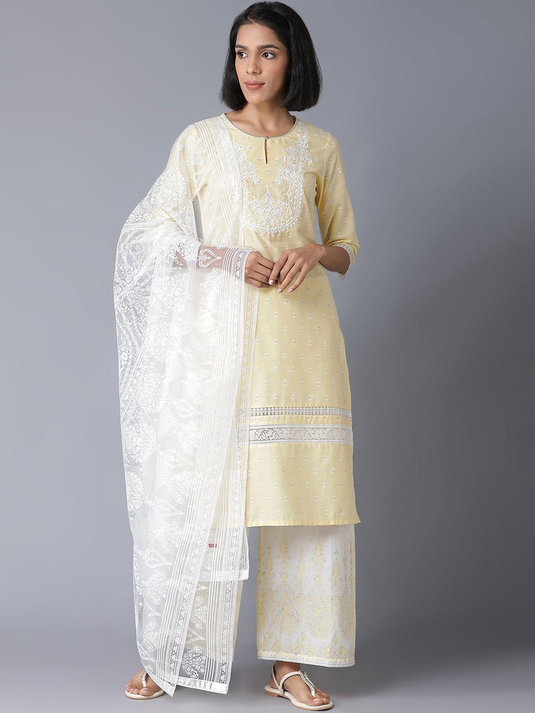 w women yellow ethnic motifs embroidered thread work pure cotton kurta with palazzos & with dupatta