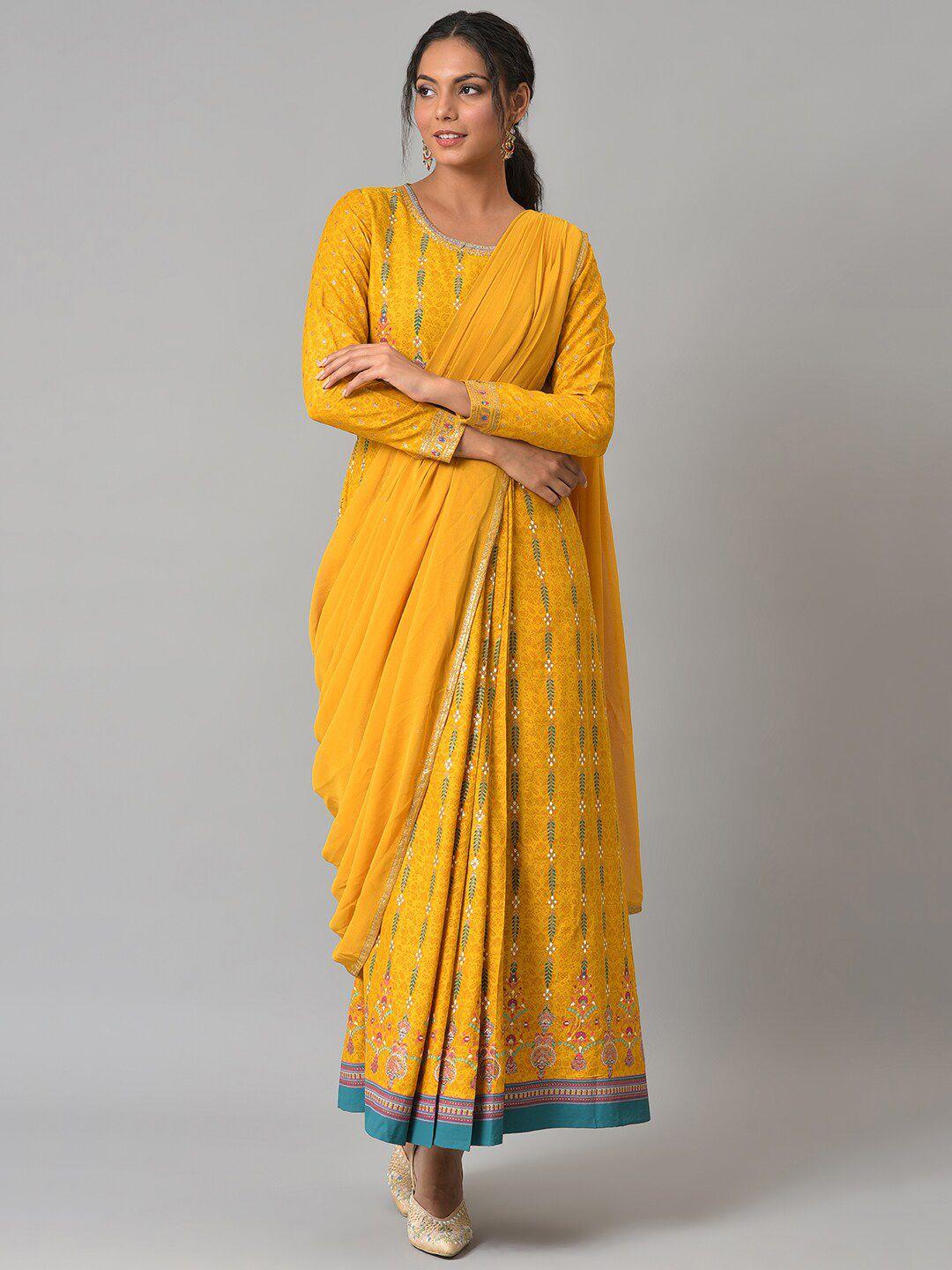 w yellow glitter printed festive insta saree dress with belt
