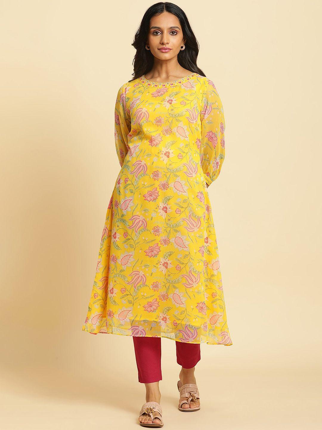 w  floral printed puff sleeves a-line kurta