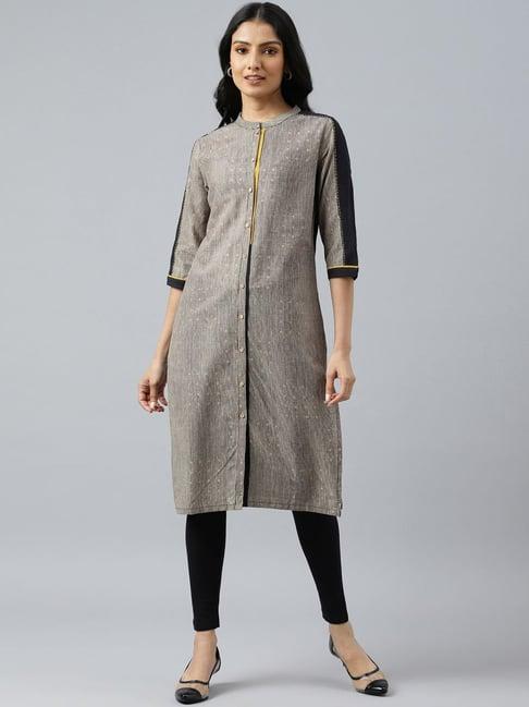 w beige & black cotton striped straight kurta