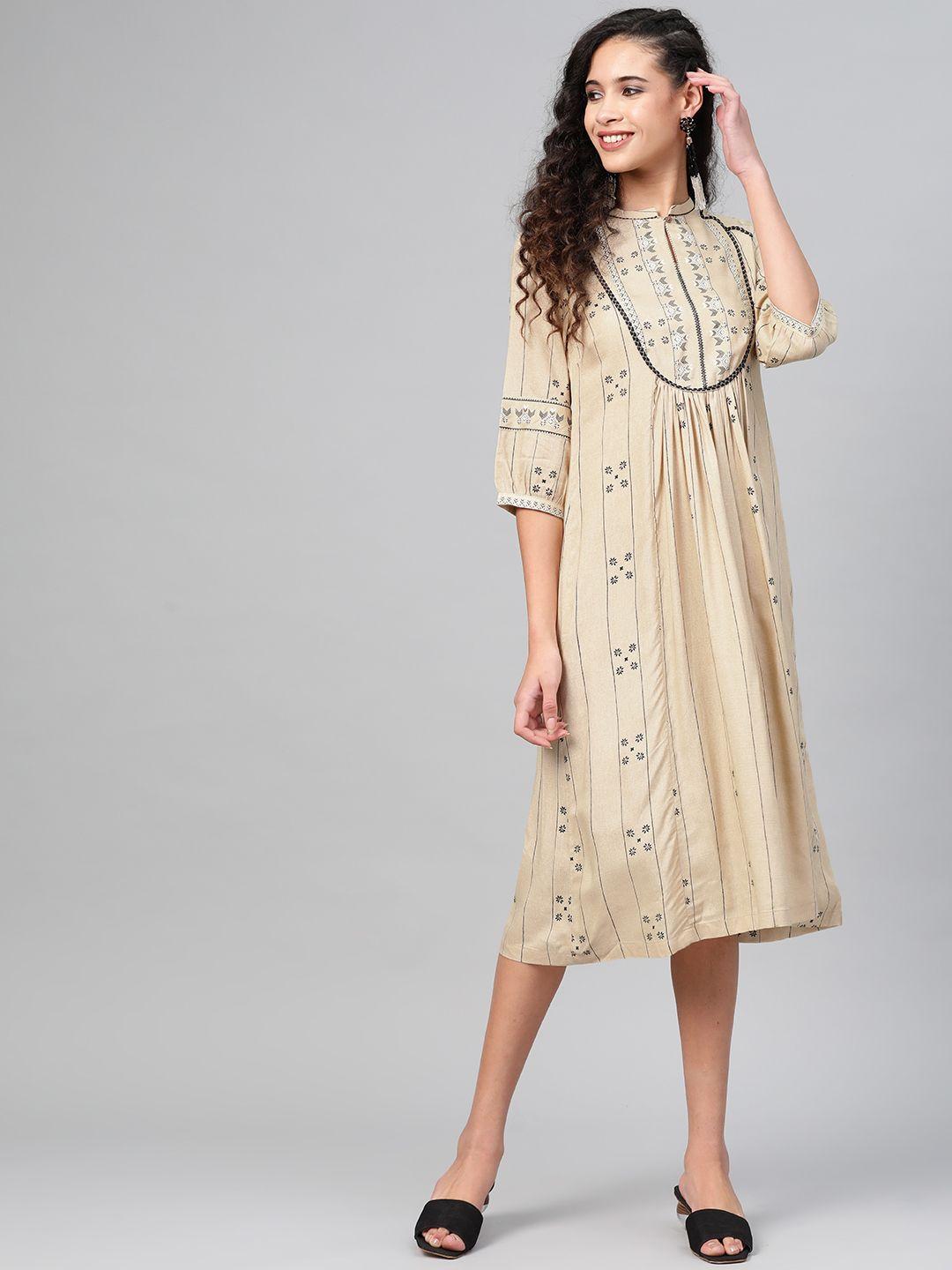 w beige & black ethnic motifs printed a-line sustainable dress
