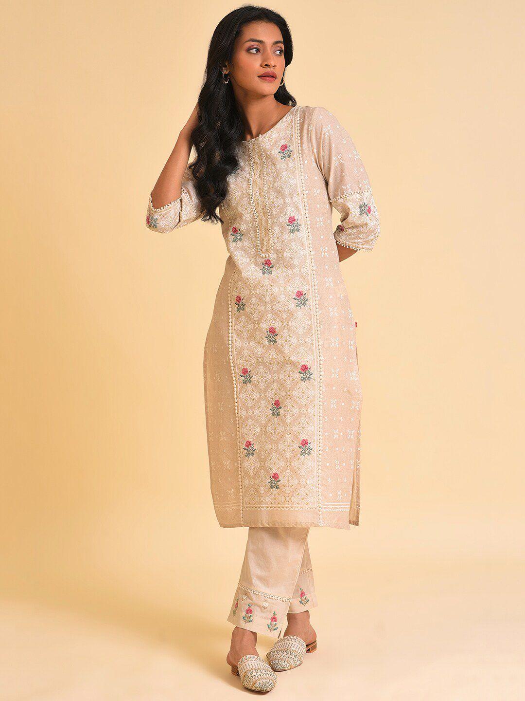 w beige & pink & green floral printed pure cotton kurta with trousers