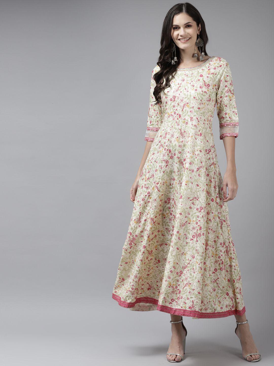 w beige & pink ethnic motifs ethnic a-line maxi dress