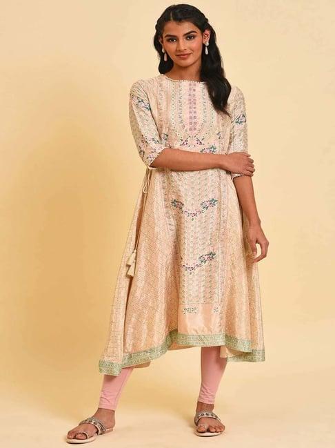 w beige & pink printed kurta pant set