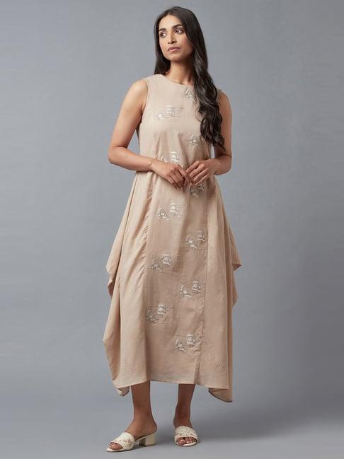 w beige cotton embroidered a line kurta