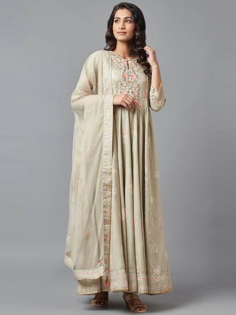 w beige cotton embroidered dress with dupatta