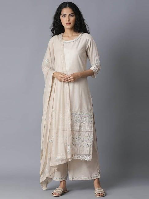 w beige cotton embroidered kurta palazzo set with dupatta