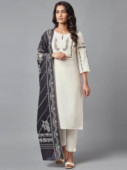 w beige cotton embroidered kurta pant set with dupatta