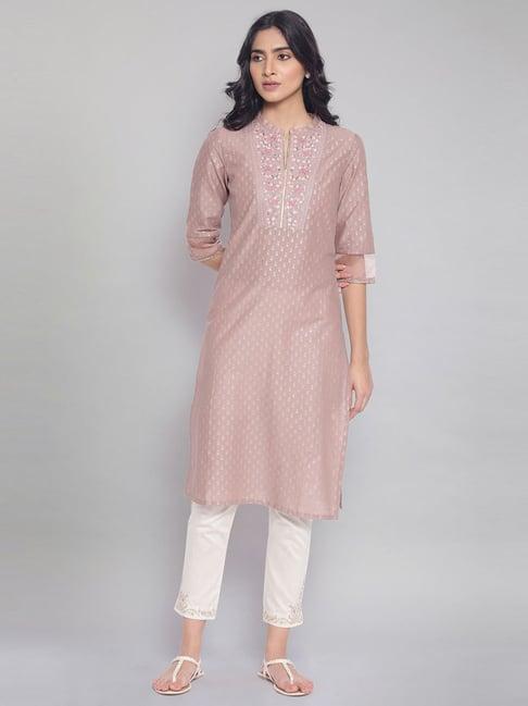 w beige cotton embroidered straight kurta