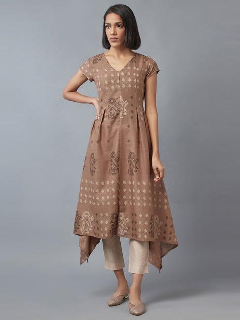 w beige cotton floral print flared kurta