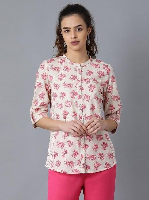 w beige cotton floral print shirt