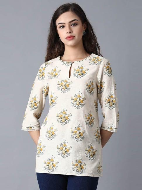 w beige cotton floral print tunic