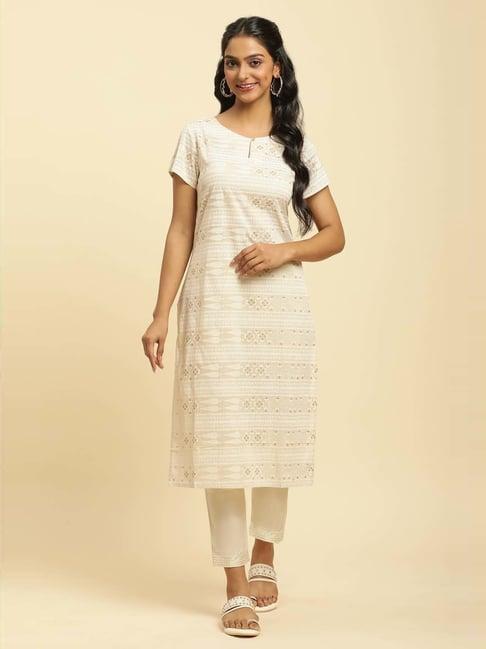 w beige cotton printed straight kurta