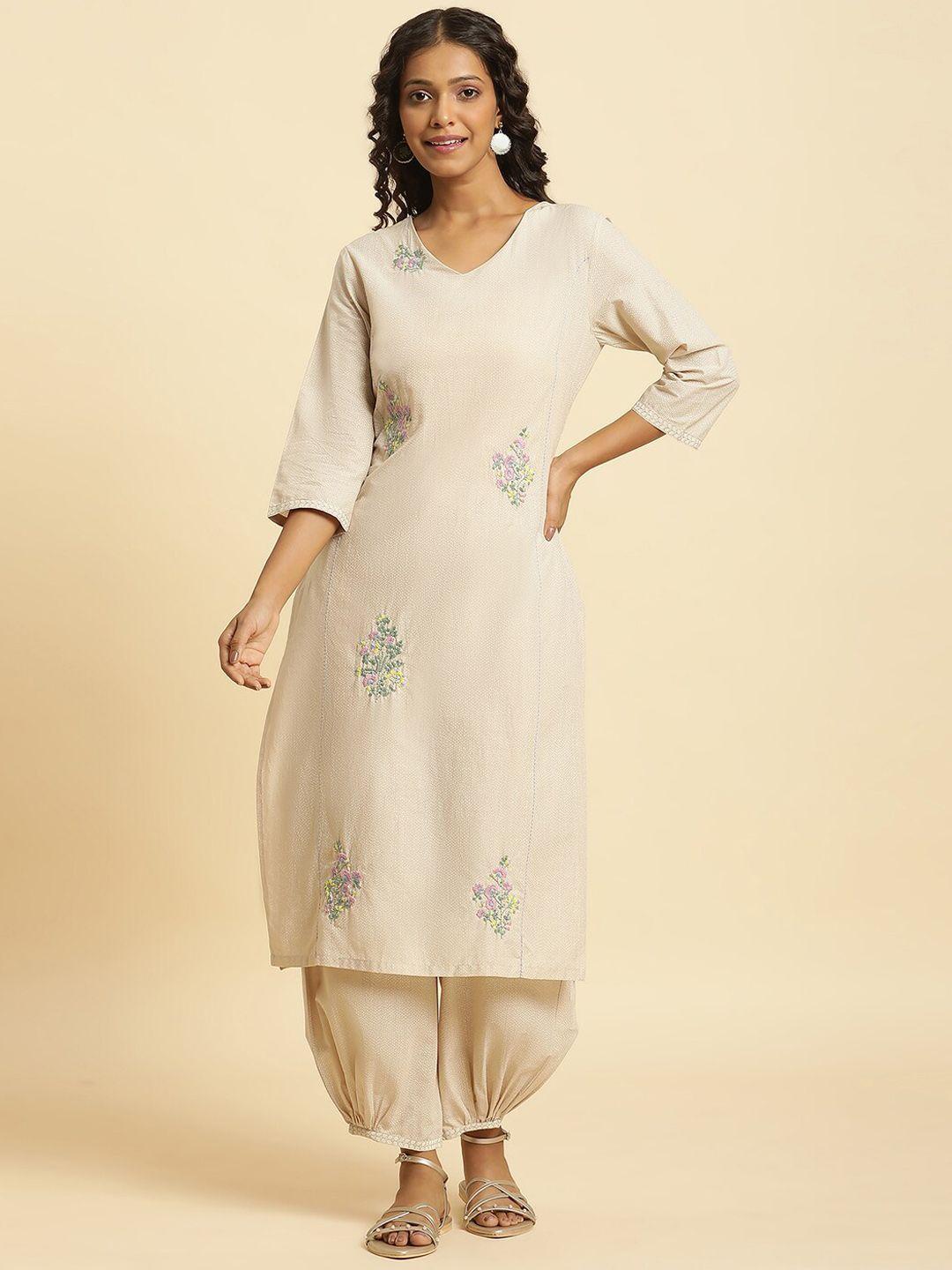 w beige floral embroidered thread work pure cotton kurta with salwar