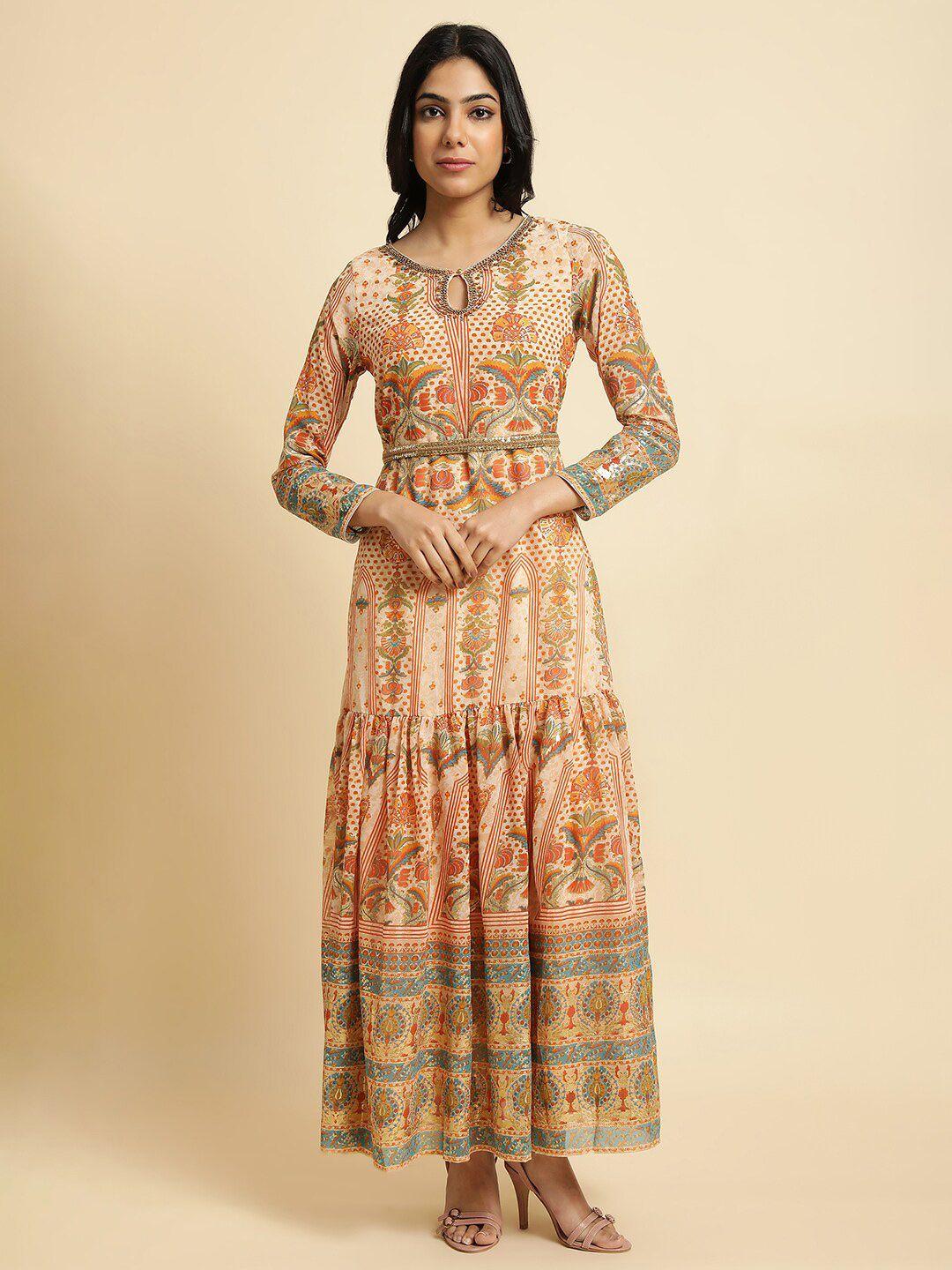 w beige floral print maxi ethnic dress