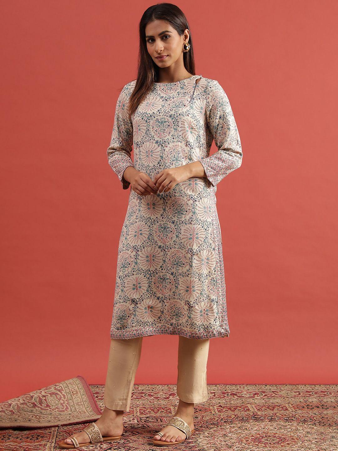 w beige floral printed boat neck straight kurta