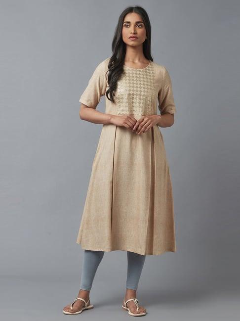 w beige printed a line kurta