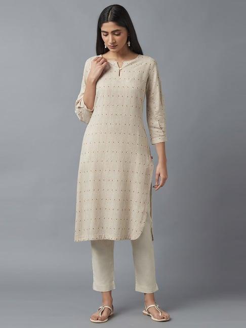 w beige striped straight kurta