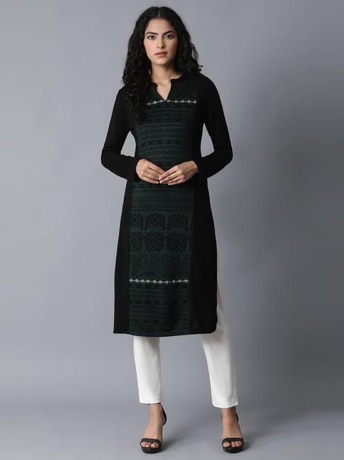 w black & green round neck woven kurta