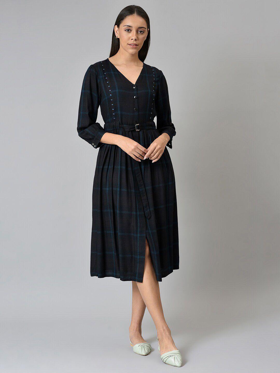 w black checked chiffon a-line midi dress