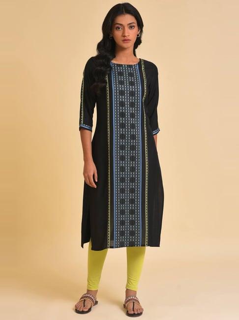 w black cotton embroidered straight kurta