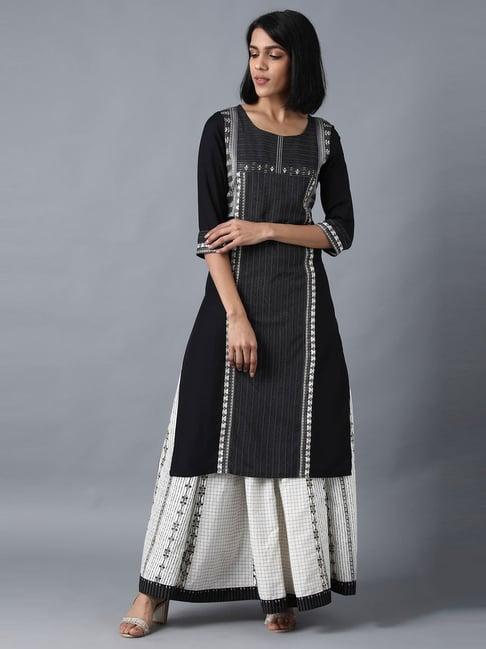 w black cotton printed straight kurta