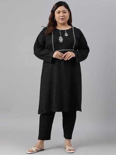 w black embroidered a line winter kurta