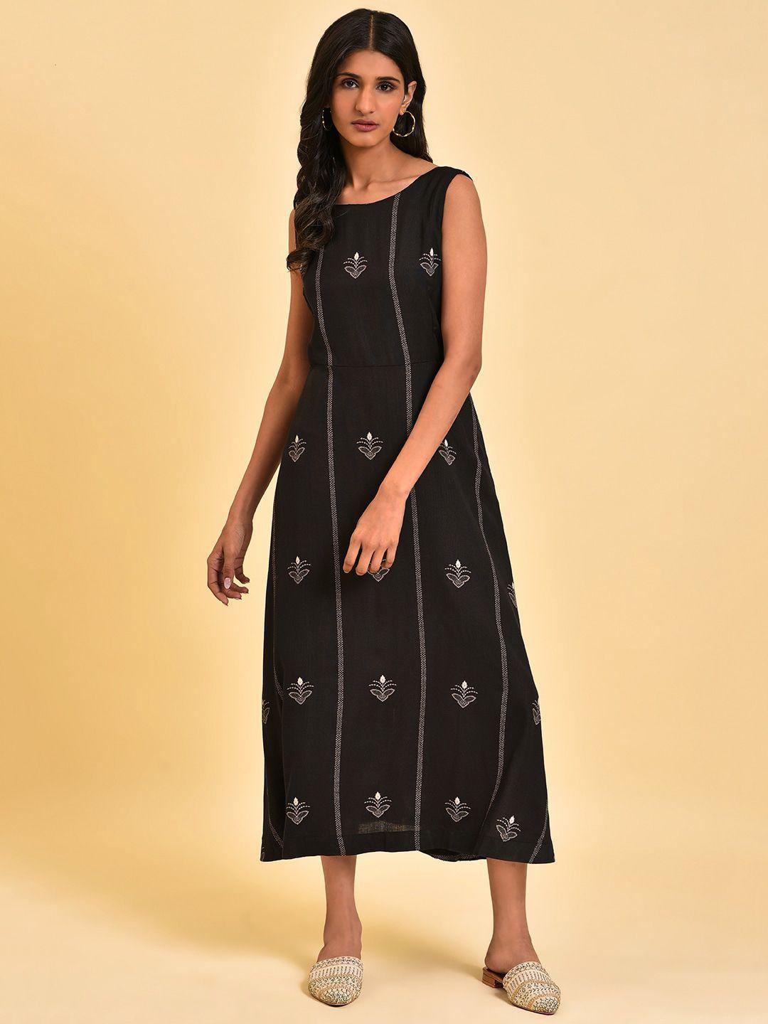 w black embroidered sleeveless a-line midi ethnic dress