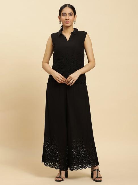 w black embroidered top & pant set