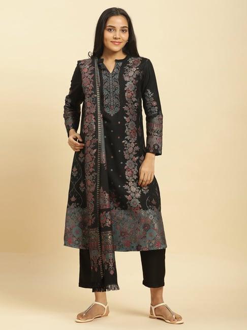 w black floral print kurta pant set with shawl