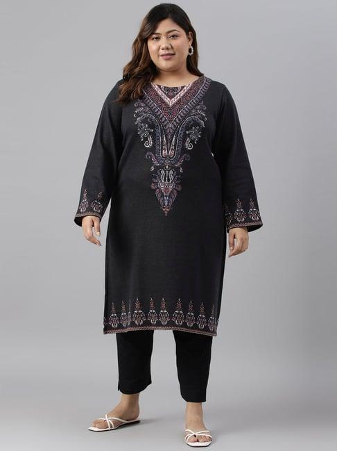 w black printed straight winter kurta