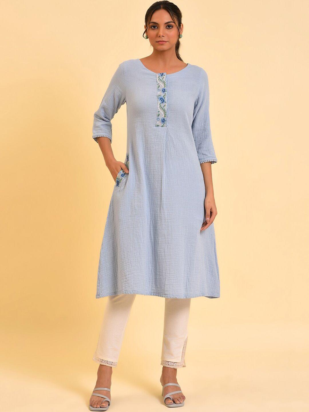 w blue & green floral embroidered a-line kurta