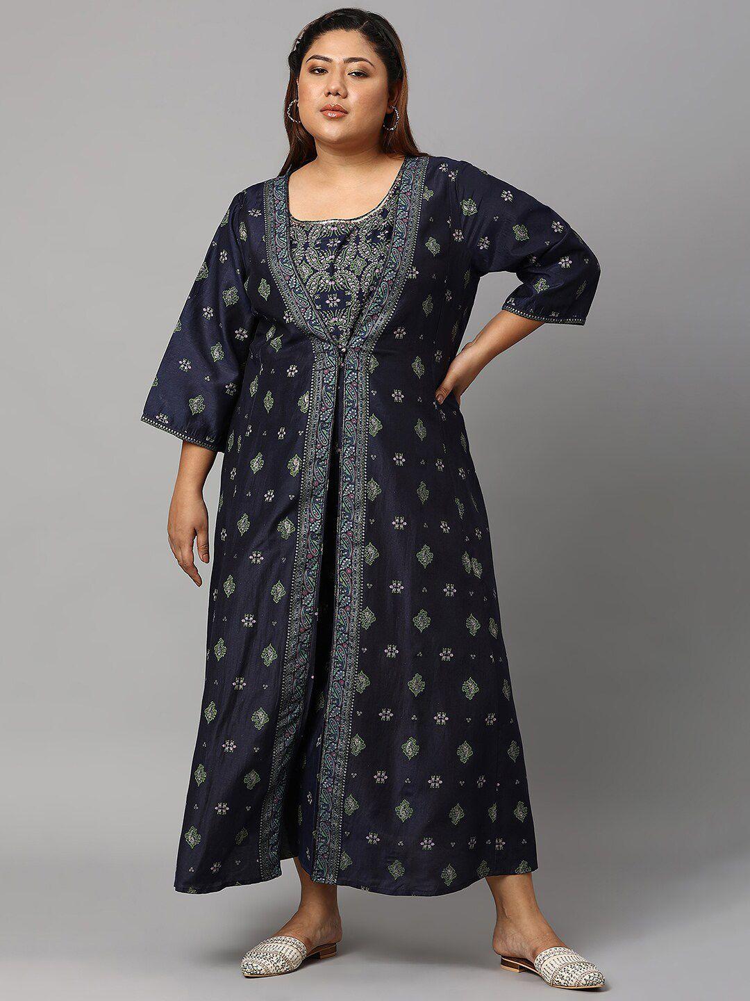 w blue & green floral embroidered ethnic maxi dress