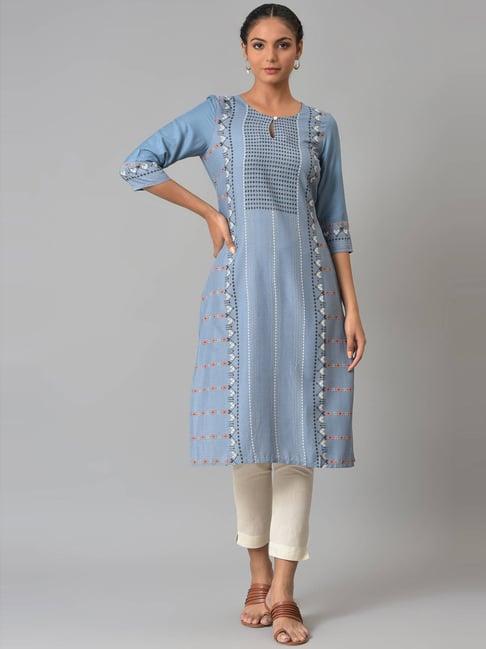 w blue & off-white printed kurta leggings set