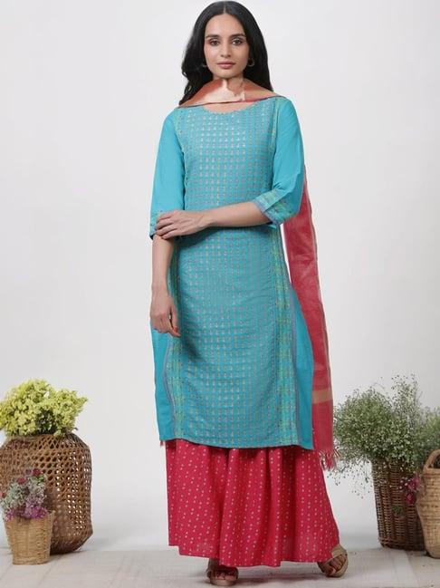 w blue & pink cotton printed kurta sharara set with dupatta