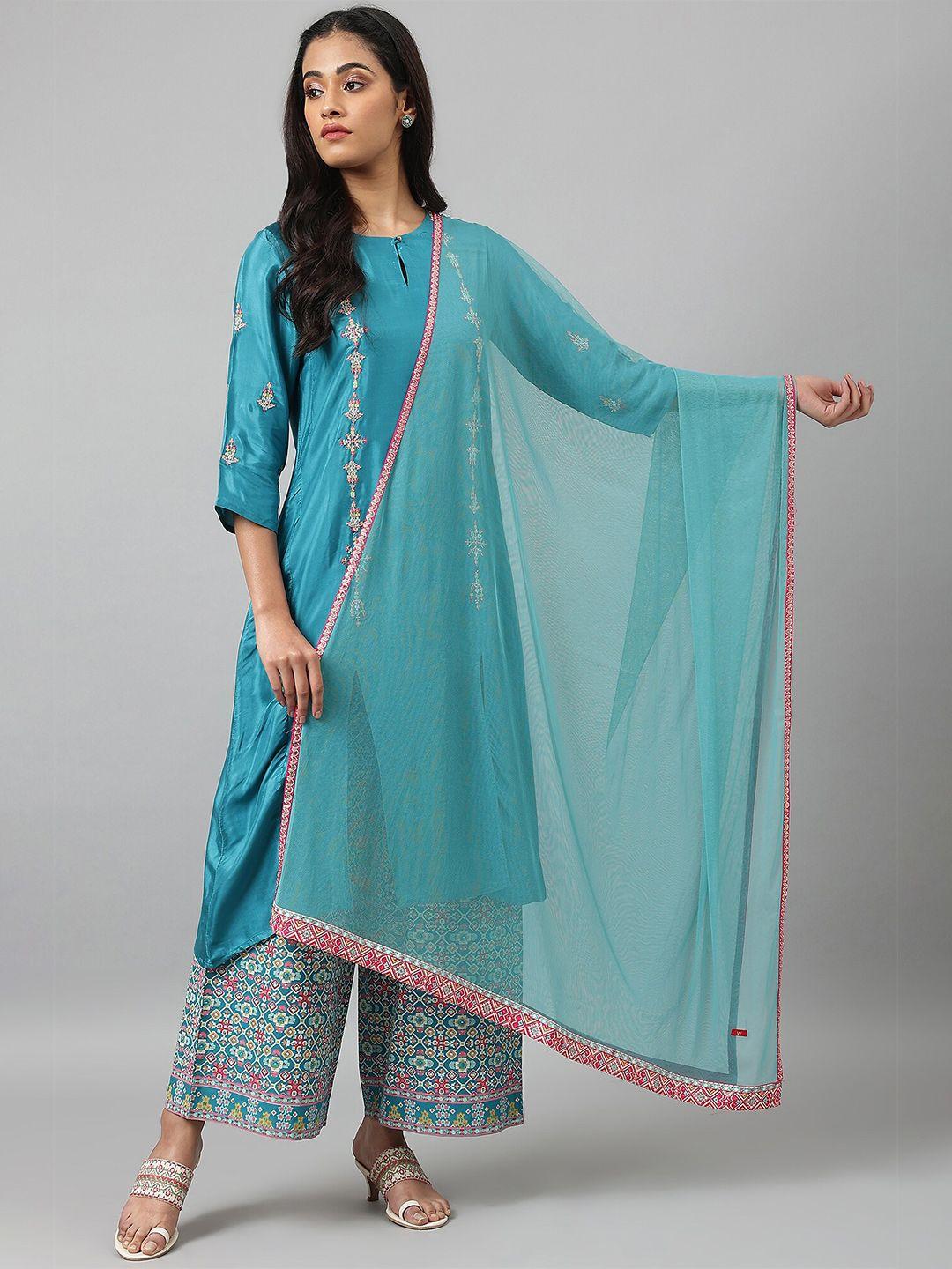 w blue & pink poly crepe dupatta