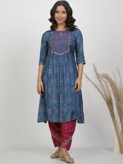 w blue & pink printed kurta salwar set