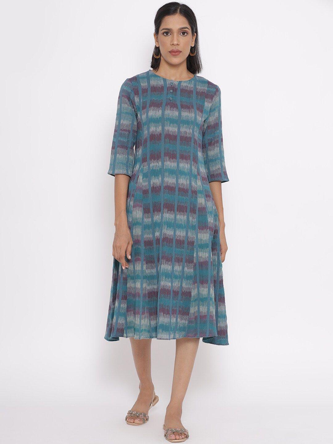 w blue & purple striped abstract a-line midi dress