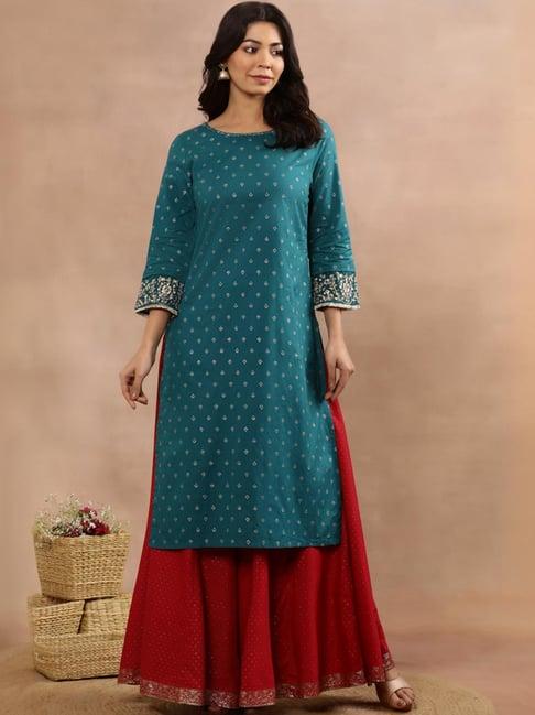 w blue & red cotton printed kurta skirt set