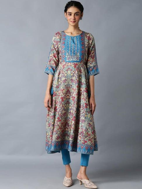 w blue & red embroidered kurta leggings set